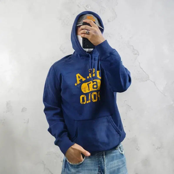 [BUNJANG] Polo Ralph Lauren Combat Hoodie Navy Yellow Print Size L / 폴로 랄프로렌 컴뱃 후드티 M0725