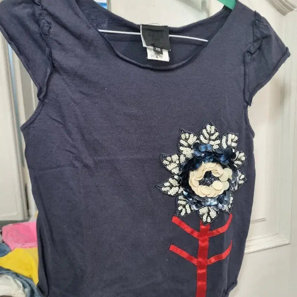 [BUNJANG] Anna Sui Navy Floral Beaded Short Sleeve T-Shirt XS / 안나수이 블루머 반팔 티셔츠 꽃 비즈 장식 XS