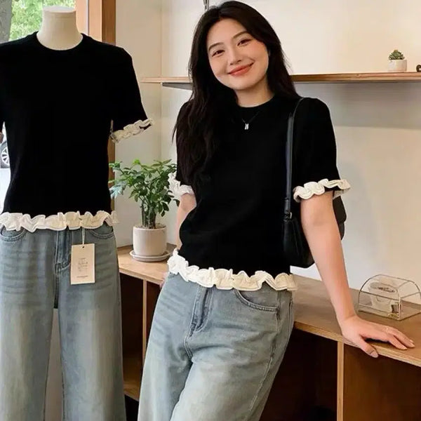 [BUNJANG] Frill Trim Colorblock Black Short Sleeve Knit / 프릴 배색 블랙 반팔 니트