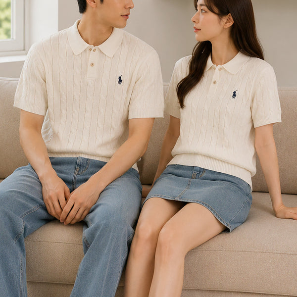 [BUNJANG] Polo Ralph Lauren Men's Cable Knit Short Sleeve Sweater Black/White / (무료배송)폴로 남자 꽈배기 반팔 니트 블랙/화이트