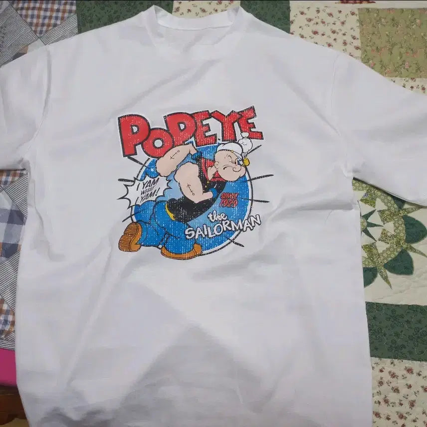 [BUNJANG] Popeye Unisex White Short Sleeve T-Shirt / 뽀빠이 남녀공용 흰색 반팔 티셔츠 프리 새상품