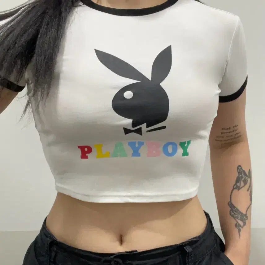 [BUNJANG] Playboy Rabbit Head Cropped Ringer T-Shirt White / Playboy 플레이보이 레빗 헤드 크롭 링거 반팔 티셔츠
