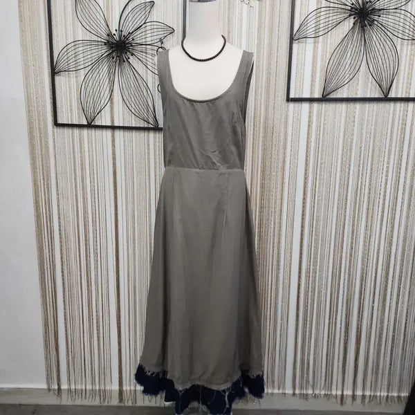 [BUNJANG] Khaki Denim Ruffled Sleeveless Dress / 카키 데님 프릴 민소매 원피스 55ㅡ66 free