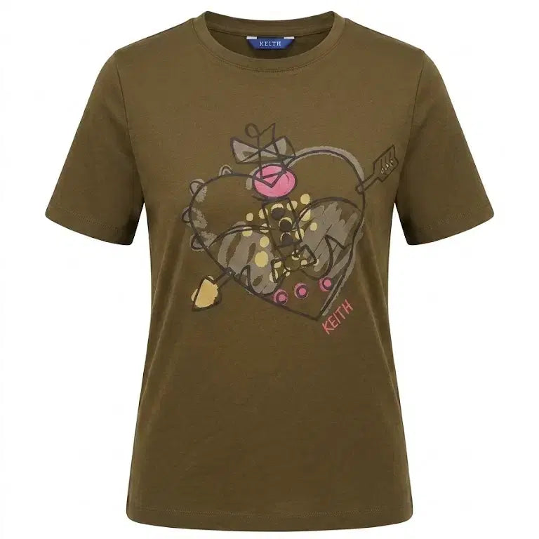 [BUNJANG] KEITH Heart Print Cotton T-Shirt Khaki Size 55 / KEITH 퀄리티대박 하트프린팅 반팔티 55 카키