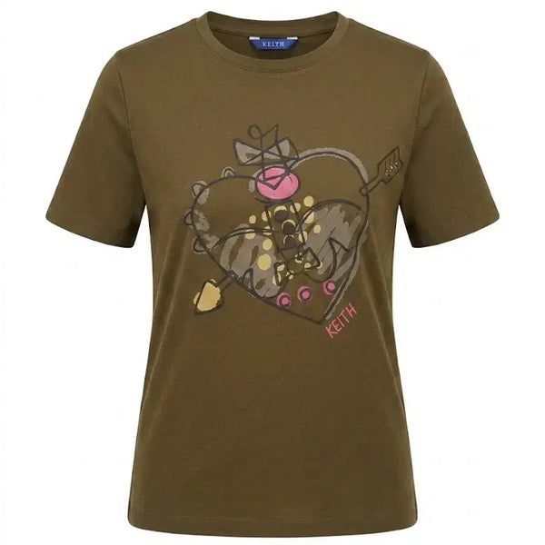 [BUNJANG] KEITH Heart Print Cotton T-Shirt Khaki Size 55 / KEITH 퀄리티대박 하트프린팅 반팔티 55 카키