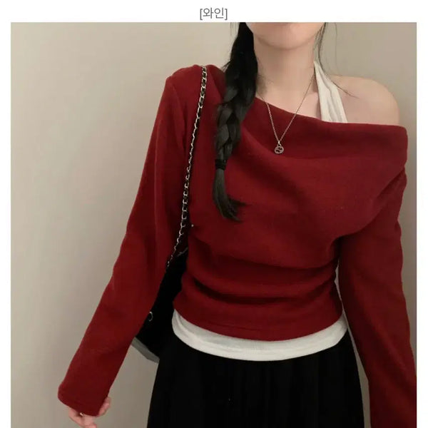 [BUNJANG] Halterneck Layered Off-Shoulder Top - Wine / 홀터넥 레이어드 오프숄더