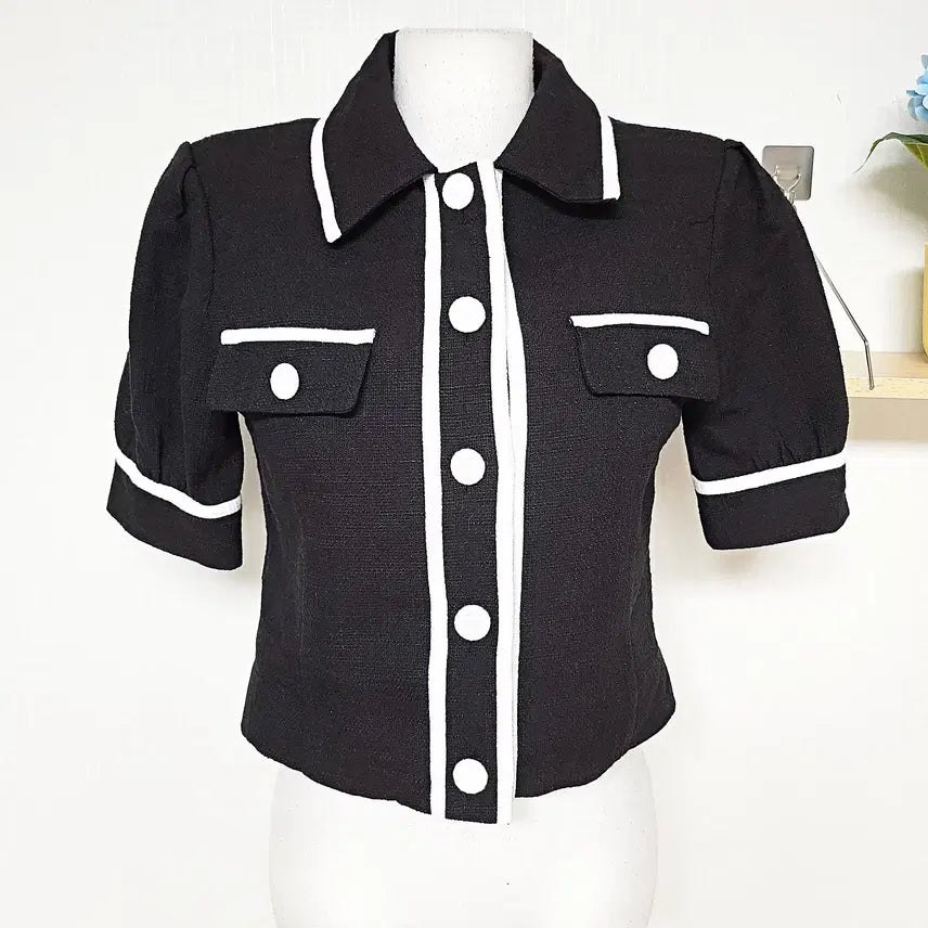 [BUNJANG] HELDER Two-Tone Black Summer Tweed Short-Sleeve Jacket (Size S) / 헬더 고퀄 여름트위드 반팔자켓 55 투톤블랙 S