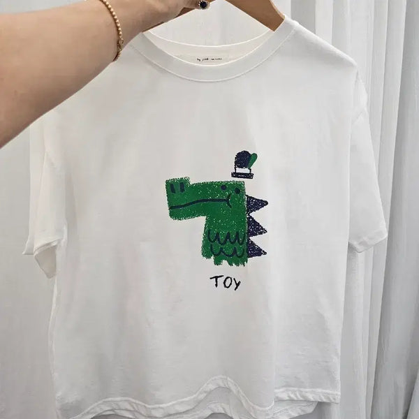 [BUNJANG] Dinosaur Print Short Sleeve T-Shirt - White / 공룡 프린트 반팔 티셔츠 화이트