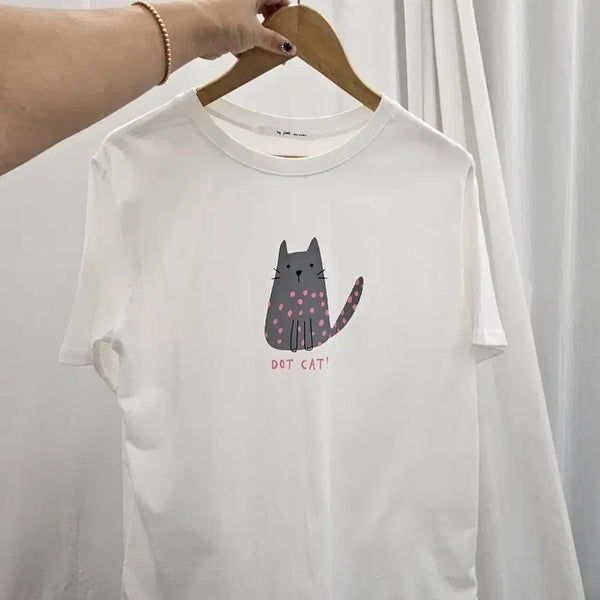 [BUNJANG] Cat Character Round T-Shirt / 고양이 캐릭터 라운드 티셔츠 free