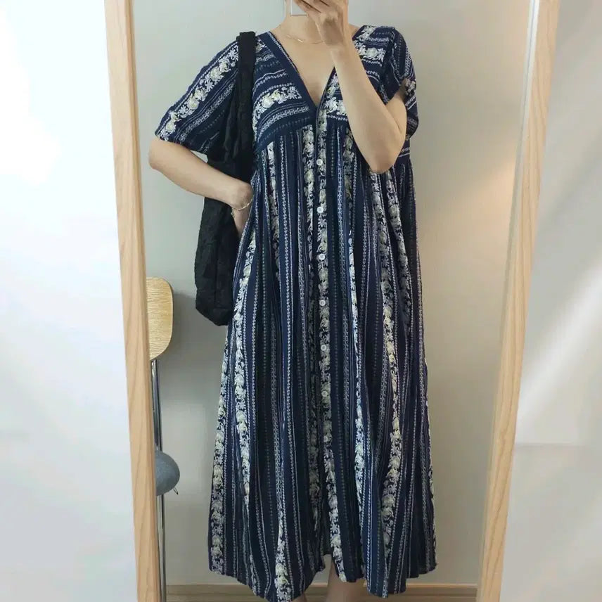 [BUNJANG] MySeason Women's V-Neck Short-Sleeve Long Robe Dress Navy Stripe Floral / (F)마이시즌 여성 브이넥 반팔 롱 로브 원피스 바캉스 W4063