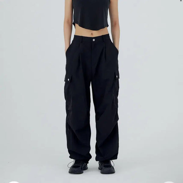 [BUNJANG] Accover Nylon Cargo Wide Hidden Banding Pants Black / 어커버 나일론 카고 와이드 히든 밴딩팬츠 블랙