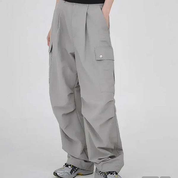 [BUNJANG] Accover Nylon Cargo Wide Hidden Banding Pants Light Grey / 어커버 나일론 카고 와이드 히든 밴딩팬츠 라이트그레이