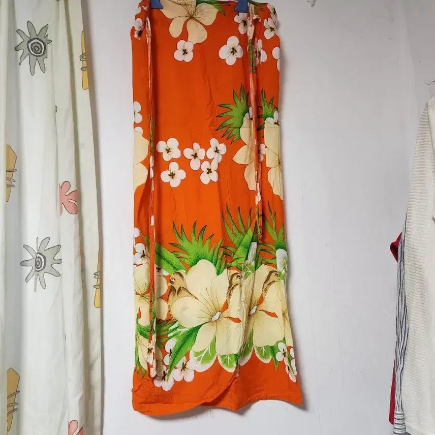 [BUNJANG] Orange Floral Long Wrap Skirt / 오렌지색 꽃무늬 롱 랩 스커트. 랩 치마F
