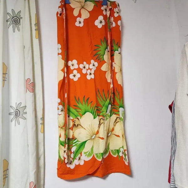 [BUNJANG] Orange Floral Long Wrap Skirt / 오렌지색 꽃무늬 롱 랩 스커트. 랩 치마F