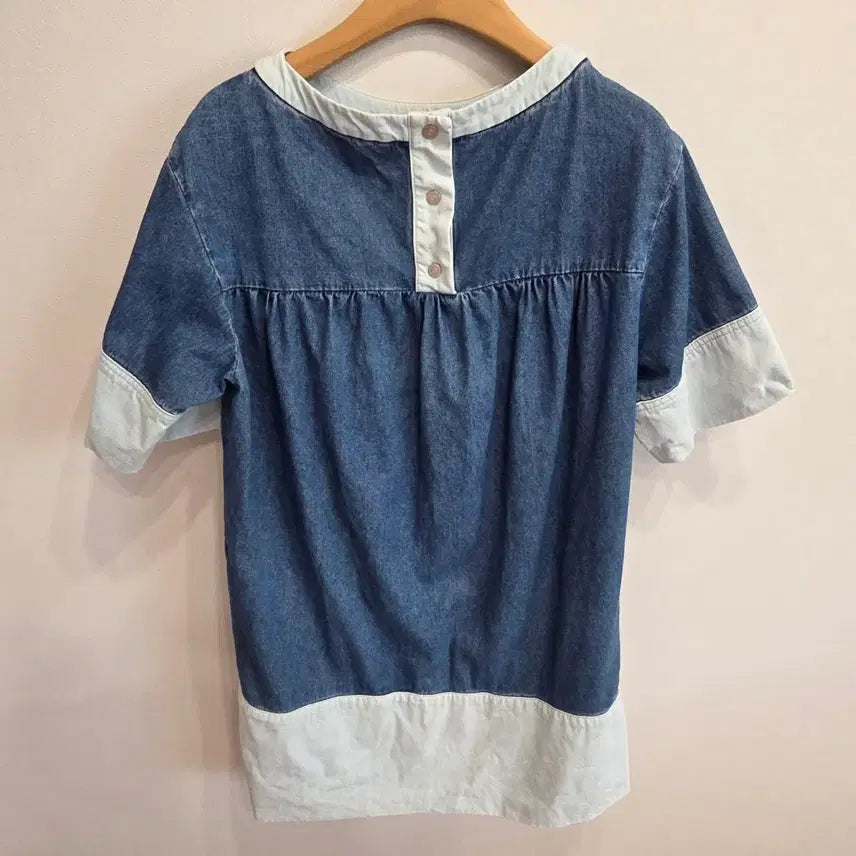 [BUNJANG] Lucky Chouette Denim Color-Block Short-Sleeve T-Shirt / 럭키슈에뜨 데님 배색 반팔 티셔츠 36