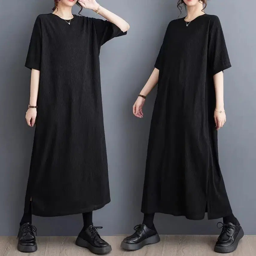 [BUNJANG] Black Crinkle Short-Sleeve Long Dress / 블랙 크링클 반팔 롱 원피스