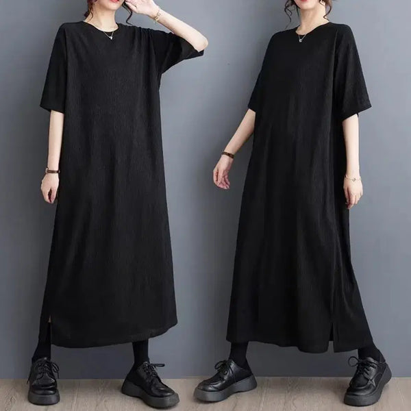 [BUNJANG] Black Crinkle Short-Sleeve Long Dress / 블랙 크링클 반팔 롱 원피스