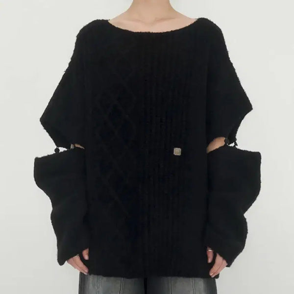 [BUNJANG] Trimingbird Sleeve Slit Boatneck Knit Black / 트리밍버드 슬리브 슬릿 보트넥 니트 블랙