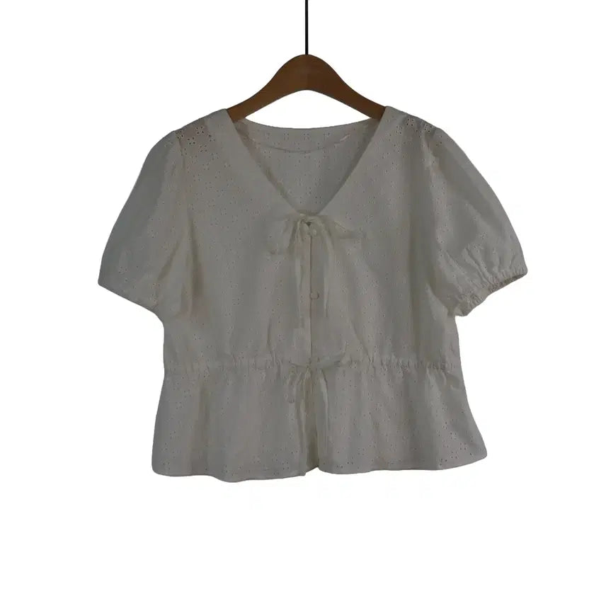[BUNJANG] GU Punching Lace Blouse XL White Cotton Ribbon Blouse / GU 펀칭 레이스 블라우스 XL 화이트 코튼 리본 블라우스