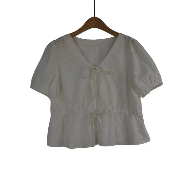 [BUNJANG] GU Punching Lace Blouse XL White Cotton Ribbon Blouse / GU 펀칭 레이스 블라우스 XL 화이트 코튼 리본 블라우스