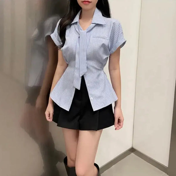 [BUNJANG] Bellzide Striped Collar Side Button Half-Sleeve Shirt - Blue / 벨제이드 스트라이프 카라 사이드단추 타이 반팔 셔츠 블루