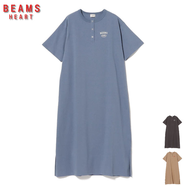 [BUNJANG] BEAMS HEART Smiley Embroidery Henry Neck Short Sleeve Maxi Dress / 빔즈 하트 스마일 자수 헨리넥 반팔 원피스