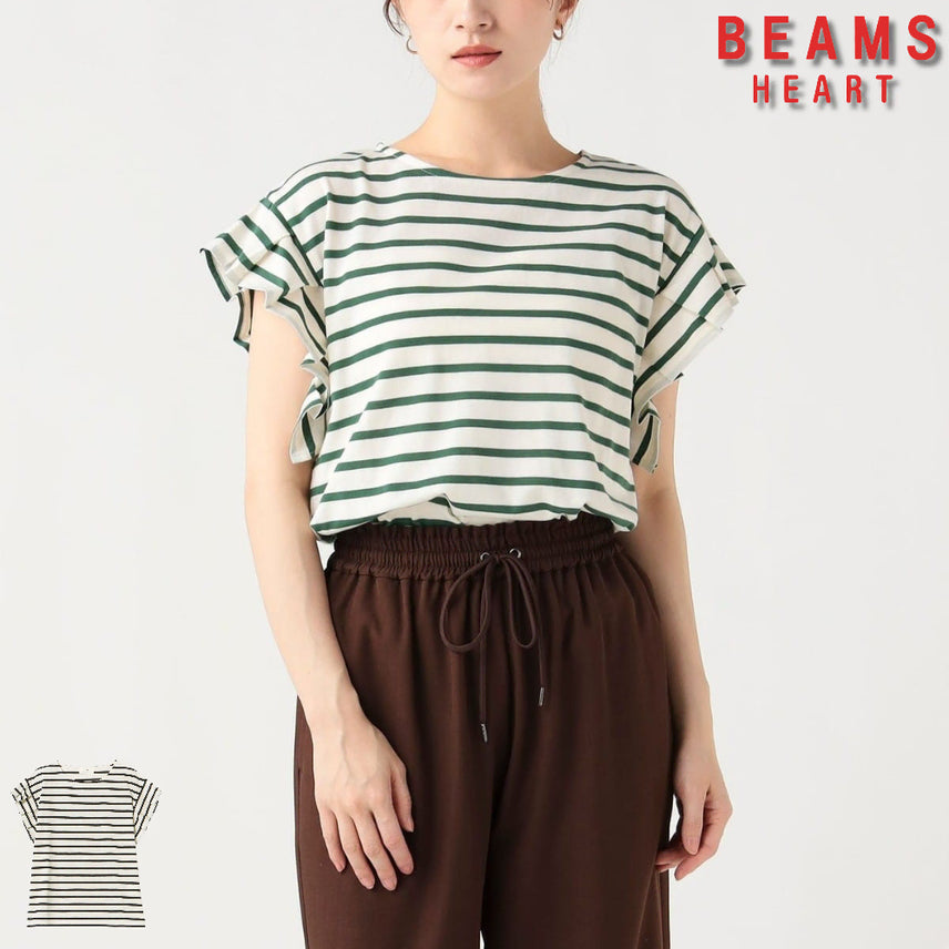 [BUNJANG] BEAMS HEART Stripe Pullover T-Shirt / 빔즈 하트 소매턱 보더 풀오버 스트라이프 반팔