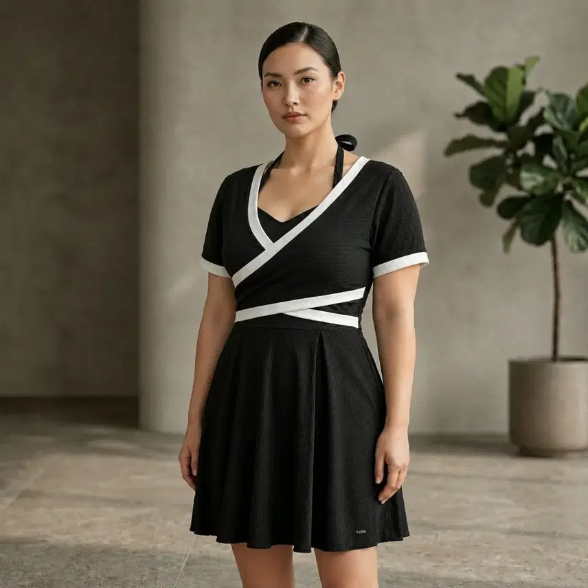 [BUNJANG] Black Wrap One-Piece Swimsuit with Shorts / 블랙 랩 원피스 수영복