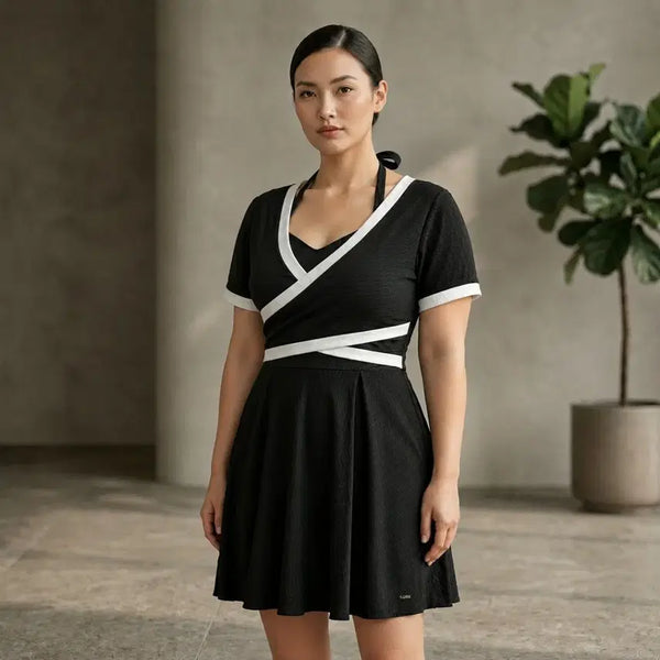 [BUNJANG] Black Wrap One-Piece Swimsuit with Shorts / 블랙 랩 원피스 수영복