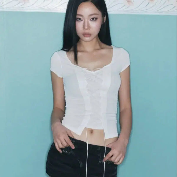 [BUNJANG] Please Follow Me Heren Corset Short Sleeve Top Ivory / 플노팔 Heren Corset Short Sleeve Top