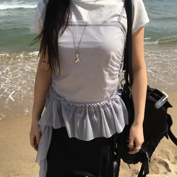 [BUNJANG] Hebiv Angel Mesh Frill Layered Sleeveless Bustier Grey / 헤비브 hevib 엔젤 메쉬 프릴 레이어드 슬리브리스 뷔스티에 그레이