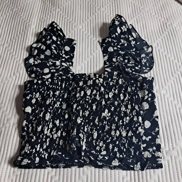 [BUNJANG] Floral Smocking Top with Frill Straps / 플로럴 스모킹 탑