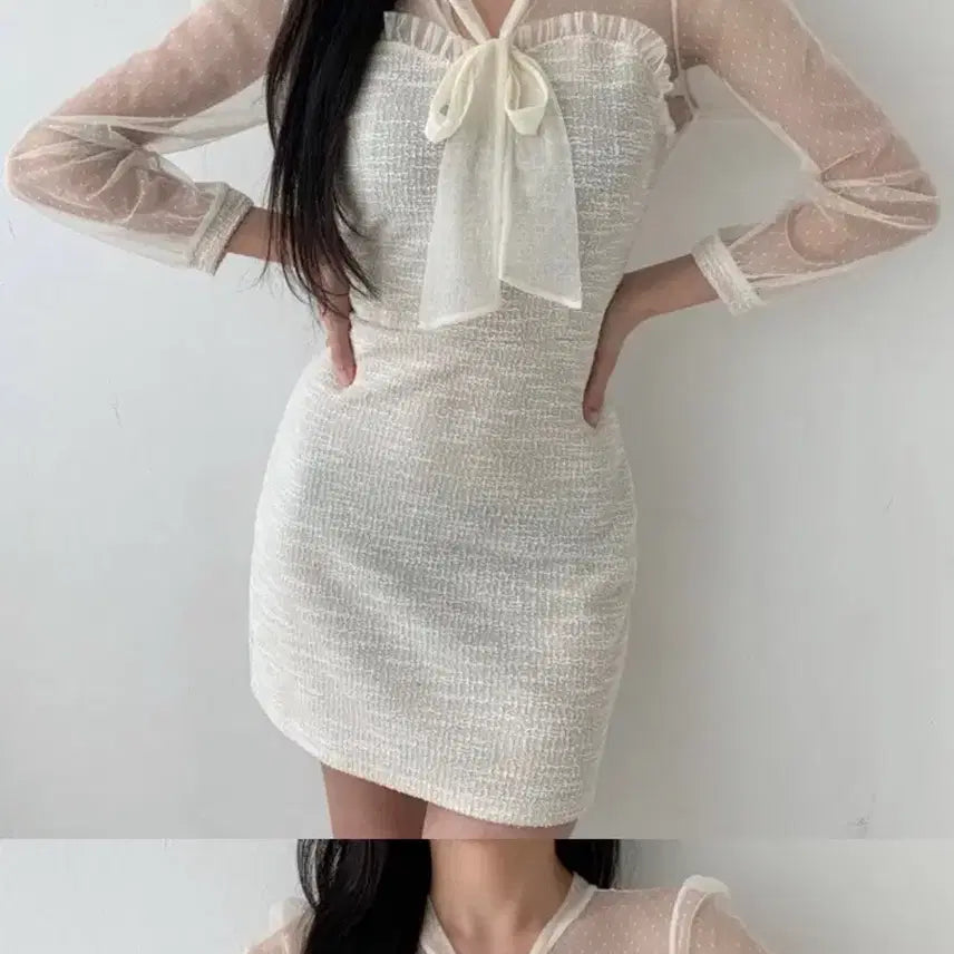 [BUNJANG] Sheer Cream Dress / 시스루 크림 원피스
