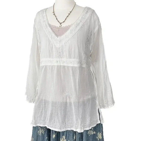 [BUNJANG] Vintage Sequin Embroidered Sheer Cotton Blouse Shirt - Mori Girl, Gyaru, Y2K, Hippie, Ethnic Style / 일본빈티지 스팽글자수 얇은아사면 블라우스셔츠티 모리걸갸루y2k히피에스닉