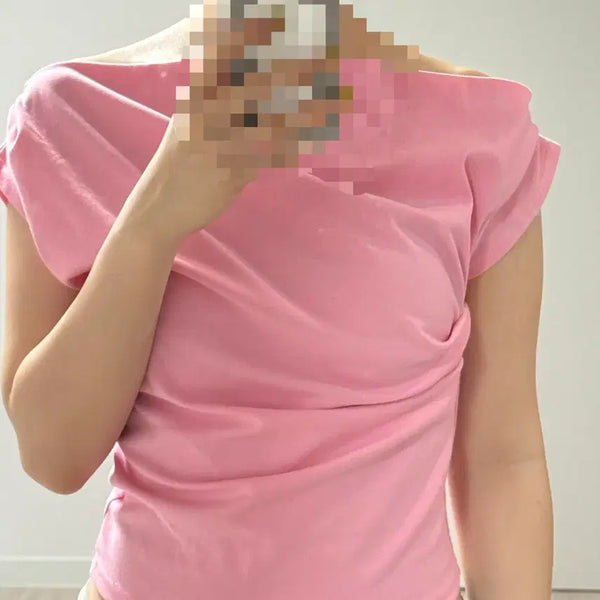 [BUNJANG] Pink Shirring Off-Shoulder T-Shirt / 핑크 셔링 오프숄더