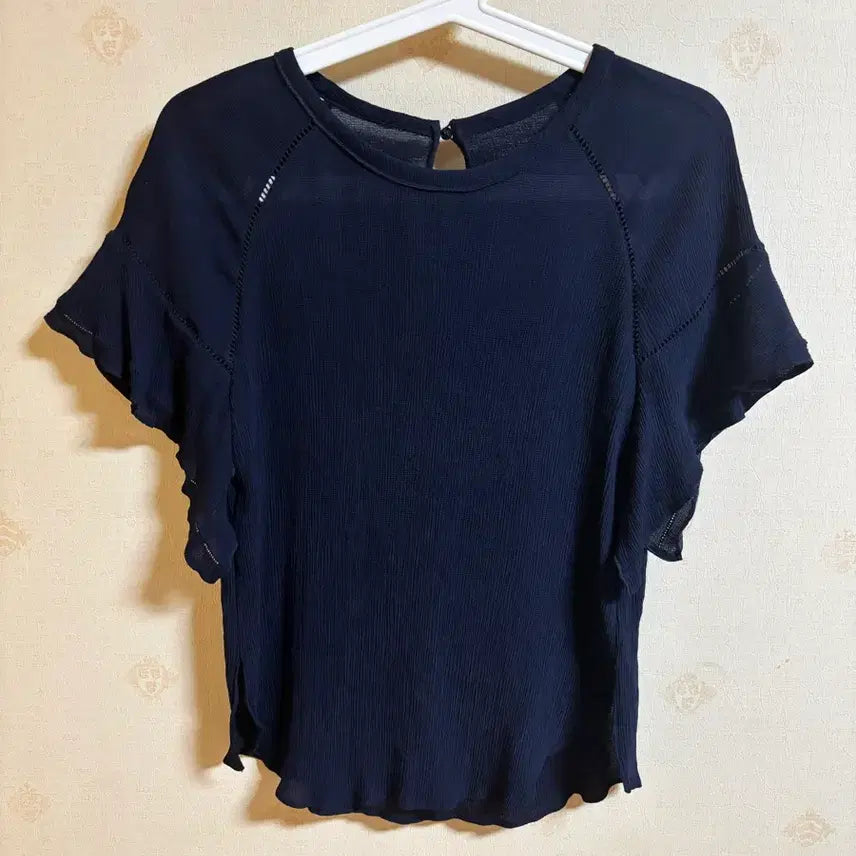 [BUNJANG] Navy See-Through Puff Sleeve Blouse - Short Sleeve T-Shirt / 네이비 시스루 퍼프소매 블라우스 반팔 티셔츠