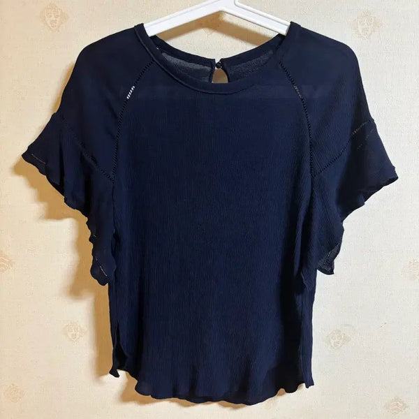 [BUNJANG] Navy See-Through Puff Sleeve Blouse - Short Sleeve T-Shirt / 네이비 시스루 퍼프소매 블라우스 반팔 티셔츠