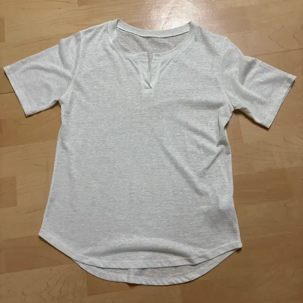 [BUNJANG] White Linen V-Neck Short Sleeve T-Shirt / 화이트 린넨 브이넥 반팔 티셔츠