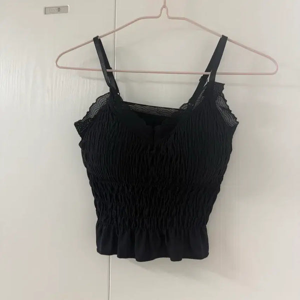 [BUNJANG] Black Lace Camisole with Adjustable Straps and Built-in Cups / (새상품) 블랙 레이스 나시탑 끈조절가능 캡내장