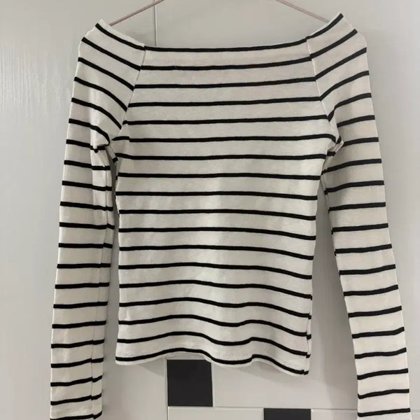[BUNJANG] Stripe Long Sleeve Off-Shoulder T-Shirt / (새상품) 단가라 긴팔 오프숄더 티셔츠