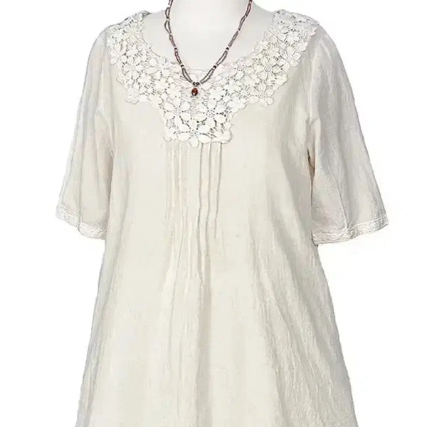[BUNJANG] Vintage Linen Tussah Lace Pintuck Shirt - Oatmeal / 일본빈티지 린넨 토숀레이스핀턱셔츠티 오트밀 모리걸갸루y2k히피에스닉