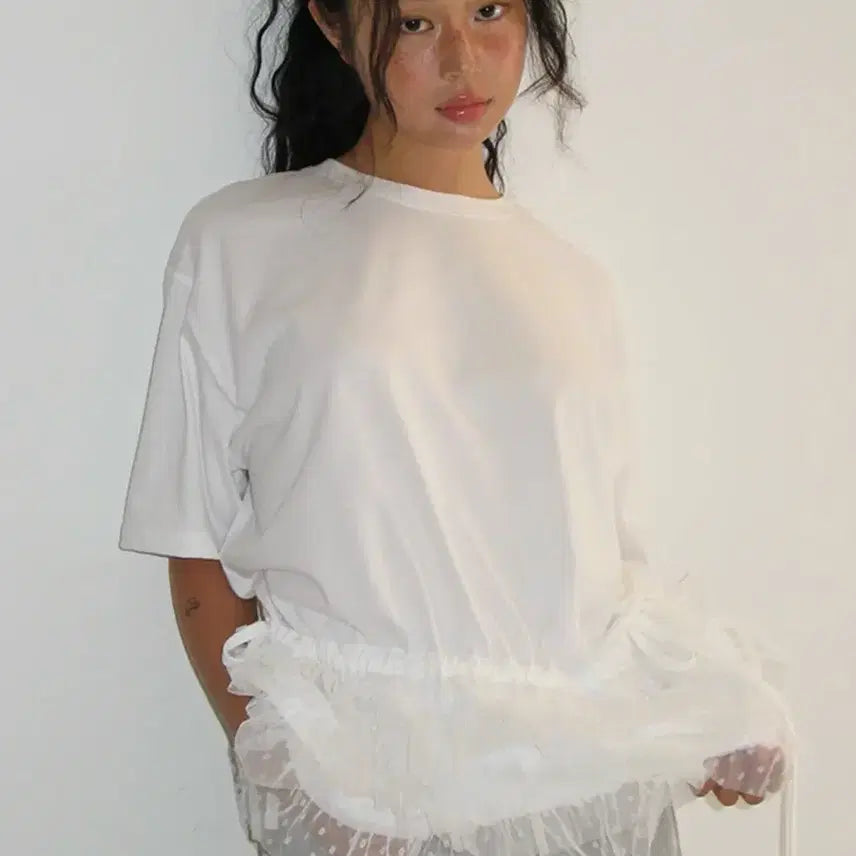 [BUNJANG] Ronron Dot Frill Short Sleeve T-shirt White / 론론 도트 프릴 반팔티셔츠 화이트
