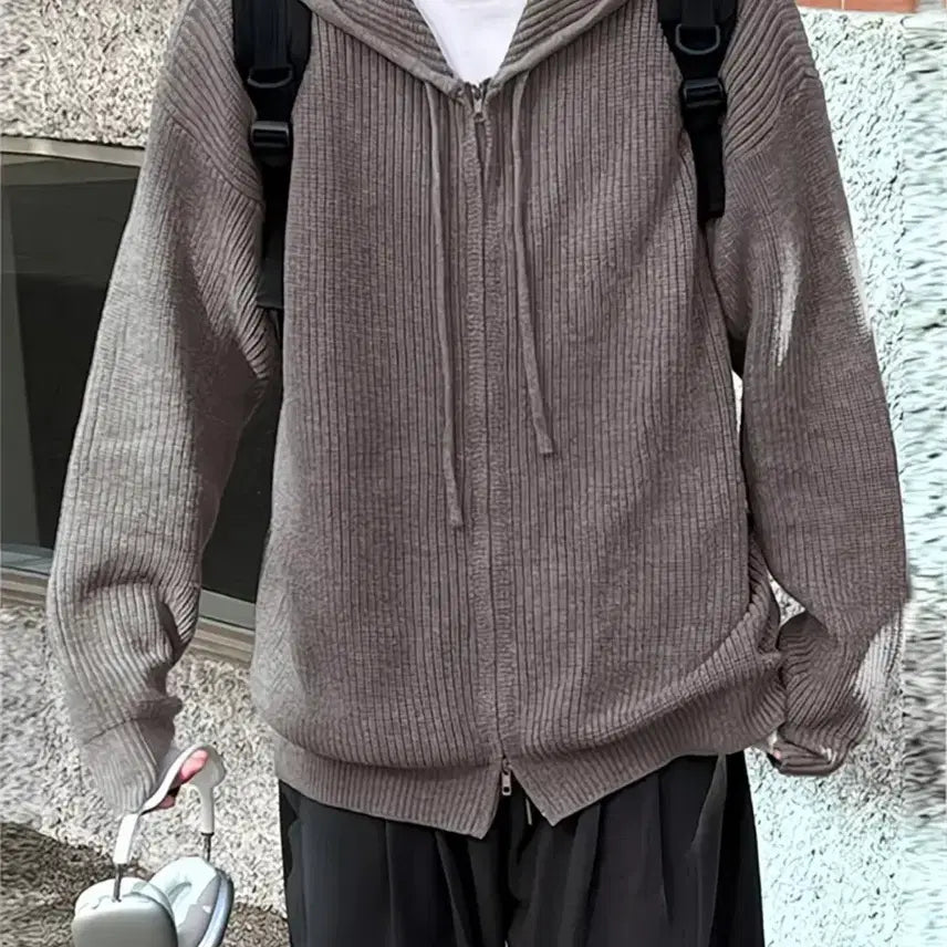 [BUNJANG] Knit Hooded Zip-Up Gray / 니트 후드집업 그레이