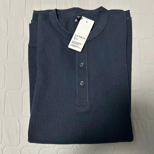 [BUNJANG] Uniqlo Waffle Henley T-Shirt (Long Sleeve) - Blue - Size L / 유니클로 와플헨리넥T(긴팔) 티셔츠 블루 새상품
