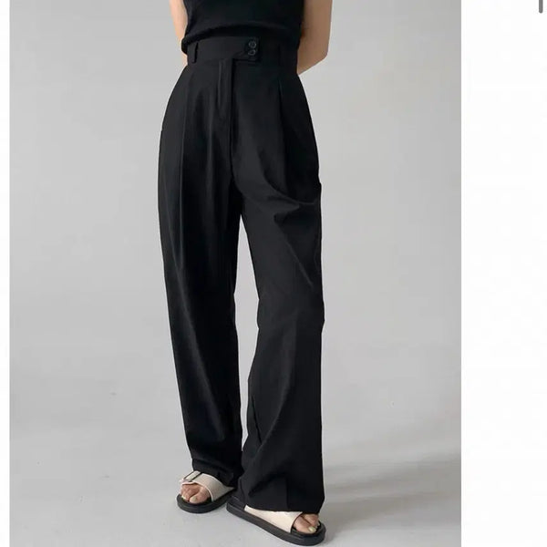 [BUNJANG] Qnigans Summer Cooling Two-Button Pinstripe Slacks Black / 큐니걸스 검정썸머쿨링투버튼밴딩핀턱슬랙스