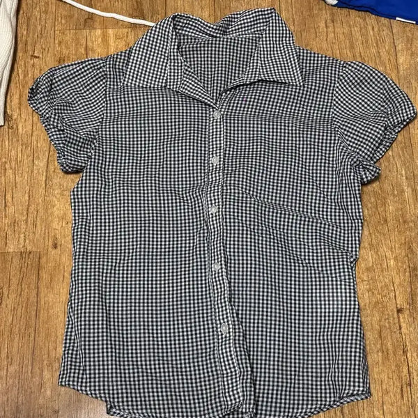 [BUNJANG] Check Pattern Short Sleeve Blouse / 새옷 체크 패턴 반팔 블라우스 44-55사이즈 얇은티셔츠 여름옷