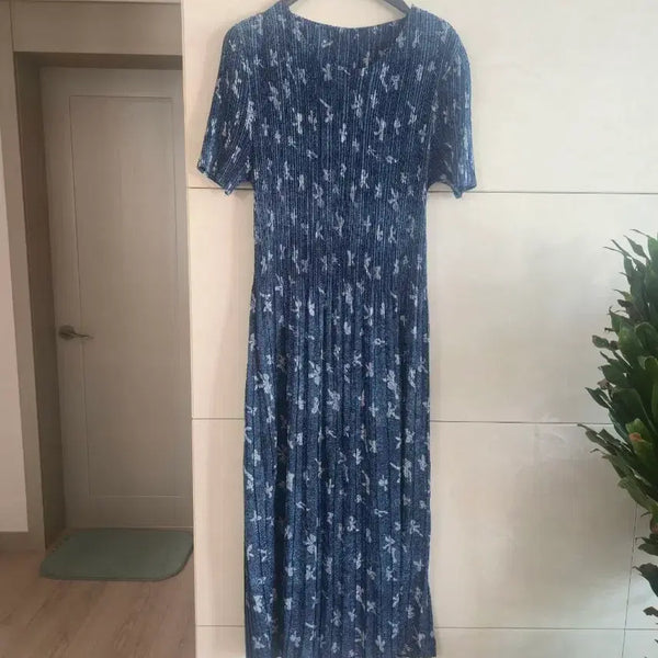 [BUNJANG] Pleated Long Dress - Blue Pattern / 플리츠 원피스 55~66반사이즈