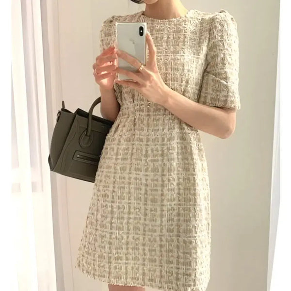 [BUNJANG] Tweed Puff Sleeve Dress Beige / [수입의류]트위드 퍼프 소매 원피스 베이지