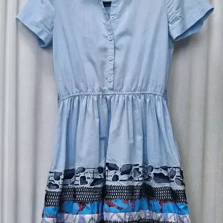 [BUNJANG] Light Blue Cotton Shirt Dress with Colorblock Skirt (M) / 하늘색 면셔츠 원피스 배색 스커트 M 새거준