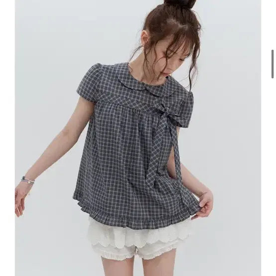 [BUNJANG] Highschool Disco Illygo Check Ribbon Round Collar Blouse / 하이스쿨디스코 미세키서울 일리고 체크 리본 라운드 카라 블라우르